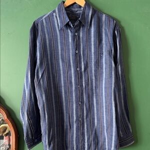 Tommy Bahama Indigo Palms Mens M Linen Navy & Grey Striped Button Down Beach